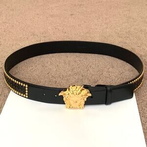 V1013 Versace unisex medusa black leather belt with studs